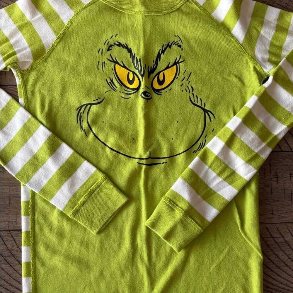 Hanna Andersson Lime Green & White Striped Grinch Face Unisex Pajamas